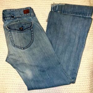 X2 Denim Jeans, size 6, wide leg, light wash, low rise, slight frey at bottoms.